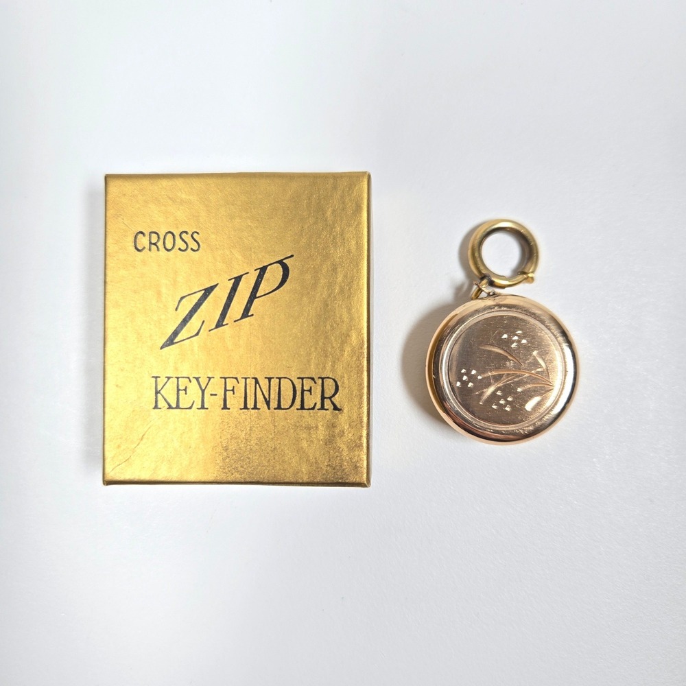 Vintage Ballou & Boss Cross Zip Key-Finder Retractable Gold Tone Etched Boxed